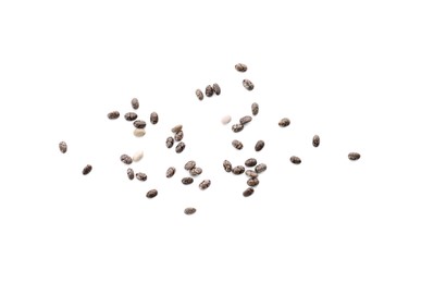 Photo of Chia seeds on white background, top view