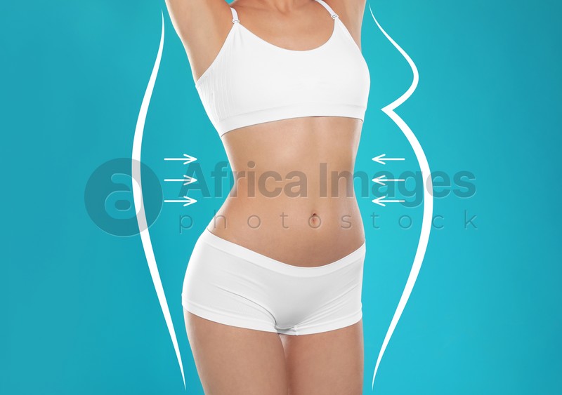 Slim young woman after weight loss on turquoise background, closeup view 