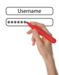 Illustration of authorization interface and woman with marker on white background, closeup