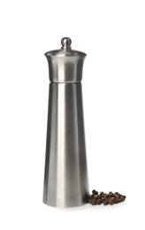 Photo of Stainless pepper shaker isolated on white. Spice mill