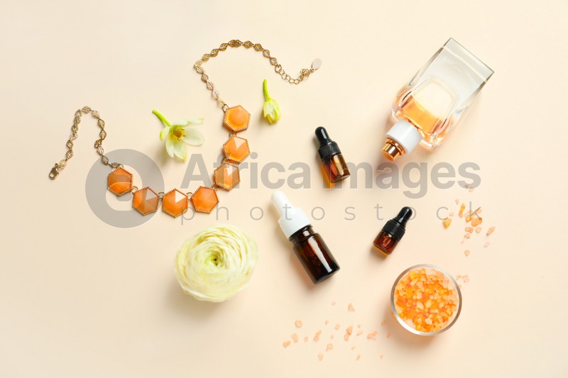 Flat lay composition with cosmetic products on color background
