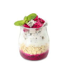 Glass jar of granola with different pitahayas, yogurt and mint isolated on white