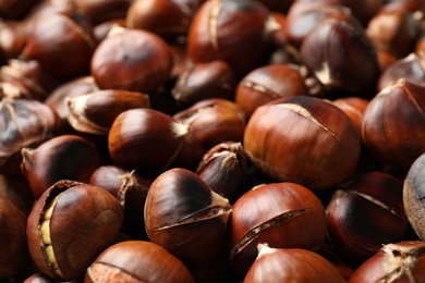 Pile of delicious edible roasted chestnuts as background, closeup