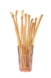 Delicious grissini sticks in glass on white background