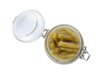 Canned green beans in jar isolated on white, top view