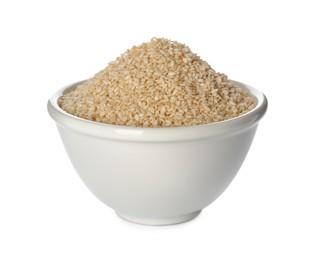 Ceramic bowl with sesame seeds on white background