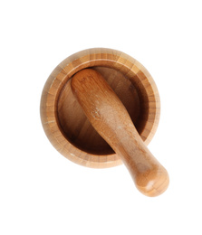 Wooden mortar and pestle isolated on white, top view. Cooking utensils
