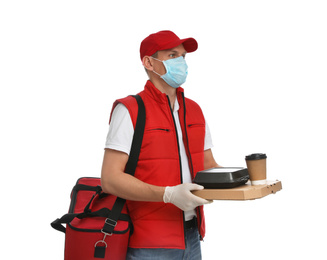Courier in protective gloves and mask holding order on white background. Food delivery service during coronavirus quarantine