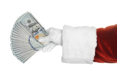 Santa holding dollar bills on white background, closeup