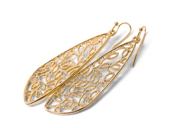 Pair of beautiful gold earrings on white background