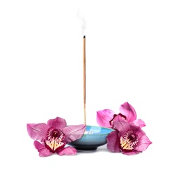 Smoldering incense stick and orchid flowers on white background