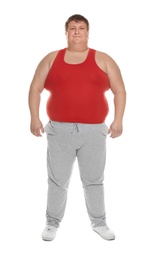 Full length portrait of overweight man on white background