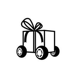 Illustration of Gift box on wheels. Illustration on white background. Delivery service