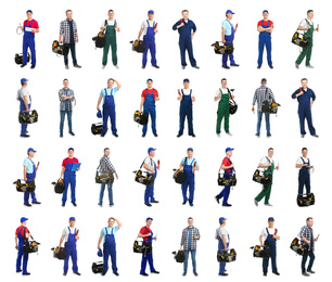 Collage with photos of plumbers on white background