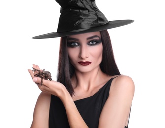 Mysterious witch in hat with spider on white background