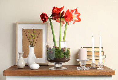 Photo of Beautiful red amaryllis flowers and burning candles on commode