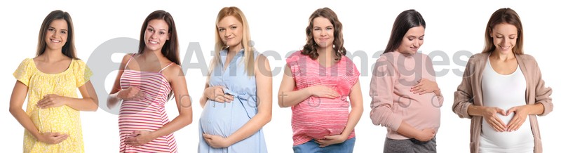 Collage with photos of happy pregnant women on white background. Banner design
