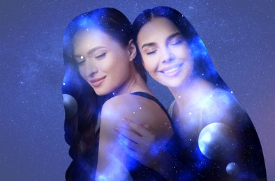 Double exposure of beautiful women and starry sky with planets. Astrology concept