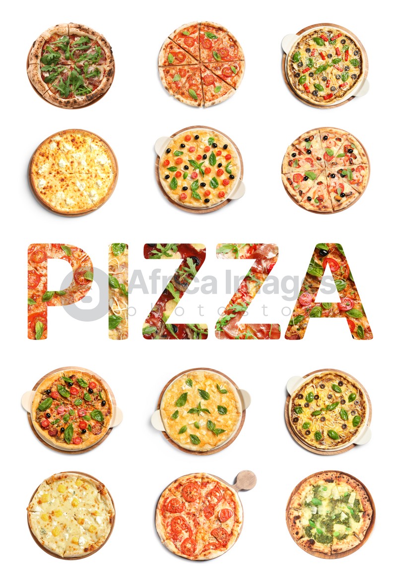 Set with different tasty pizzas and word on white background, top view