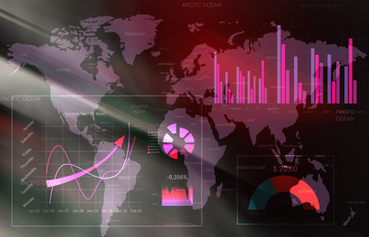 Finance trading concept. Digital charts with statistic information and world map
