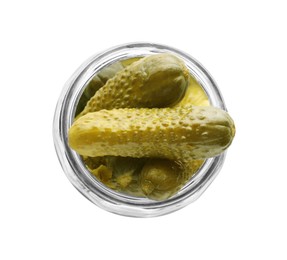 Photo of Jar of tasty pickled cucumbers isolated on white, top view