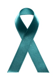 Teal awareness ribbon on white background, top view. Symbol of social and medical issues