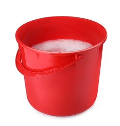 Red bucket with detergent isolated on white