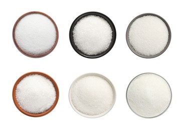 Set with granulated sugar on white background, top view