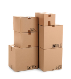 Parcel delivery. Cardboard boxes with different packaging symbols on white background  