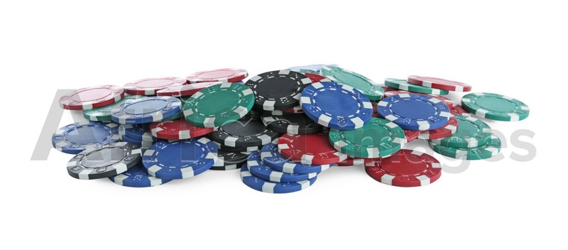 Pile of casino poker chips on white background