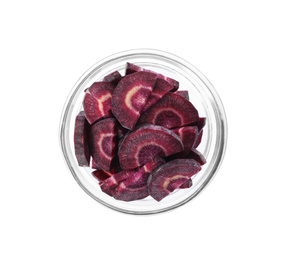 Slices of raw purple carrot in glass bowl isolated on white, top view