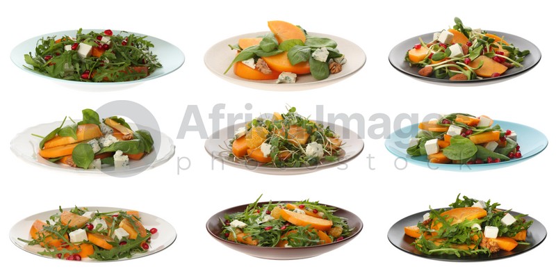 Set with tasty persimmon salads on white background