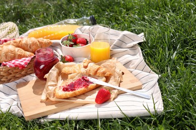 Blanket with different products on green grass. Summer picnic