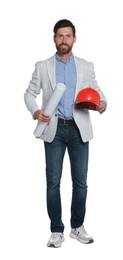 Photo of Professional engineer with hard hat and draft isolated on white