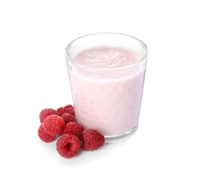 Tasty fresh milk shake with raspberries on white background