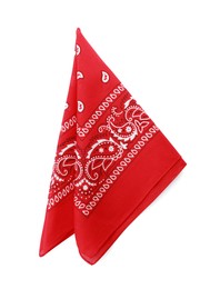 Folded red bandana with paisley pattern isolated on white, top view