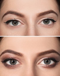 Image of Collage with photos of woman with black eyeliner, closeup view  