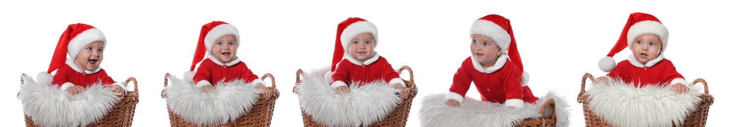 Collage with photos of cute baby in wicker basket on white background, banner design. First Christmas 