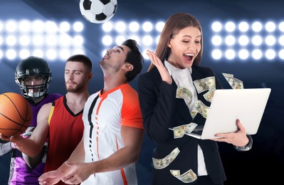 Image of Happy woman won on sports betting. Money flying out of laptop. Players of basketball, American football and soccer with balls at stadium on background