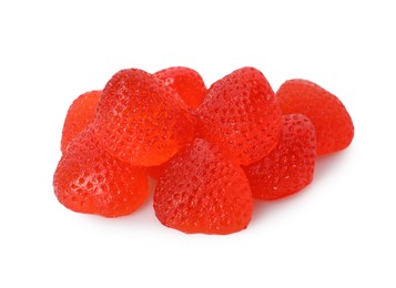 Pile of delicious gummy strawberry candies on white background