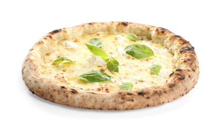 Photo of Delicious cheese pizza with basil isolated on white
