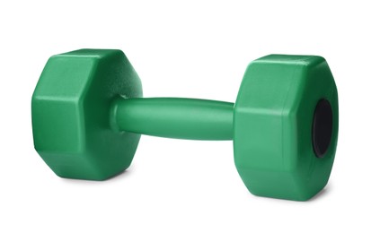 Green dumbbell isolated on white. Weight training equipment