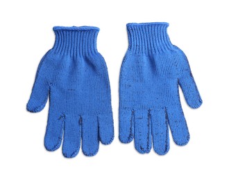 Photo of Blue gardening gloves on white background, top view