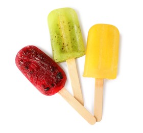 Delicious ice pops on white background, top view. Fruit popsicle