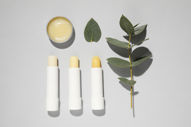 Hygienic lipsticks and eucalyptus on light grey background, flat lay
