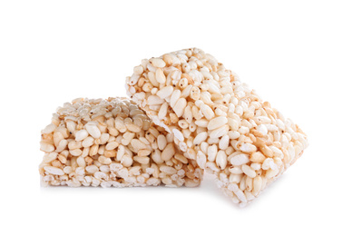 Photo of Delicious rice crispy treats isolated on white