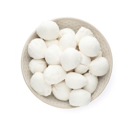 Bowl with mozzarella cheese balls on white background, top view