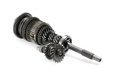 Photo of Mechanical transmission of gears and shafts on white background