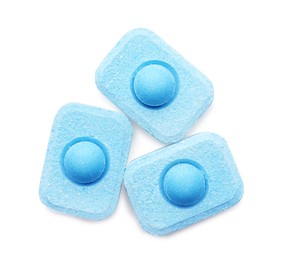 Photo of Water softener tablets on white background, top view