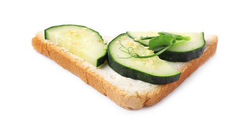 Photo of Tasty cucumber sandwich with sesame seeds and pea microgreen isolated on white